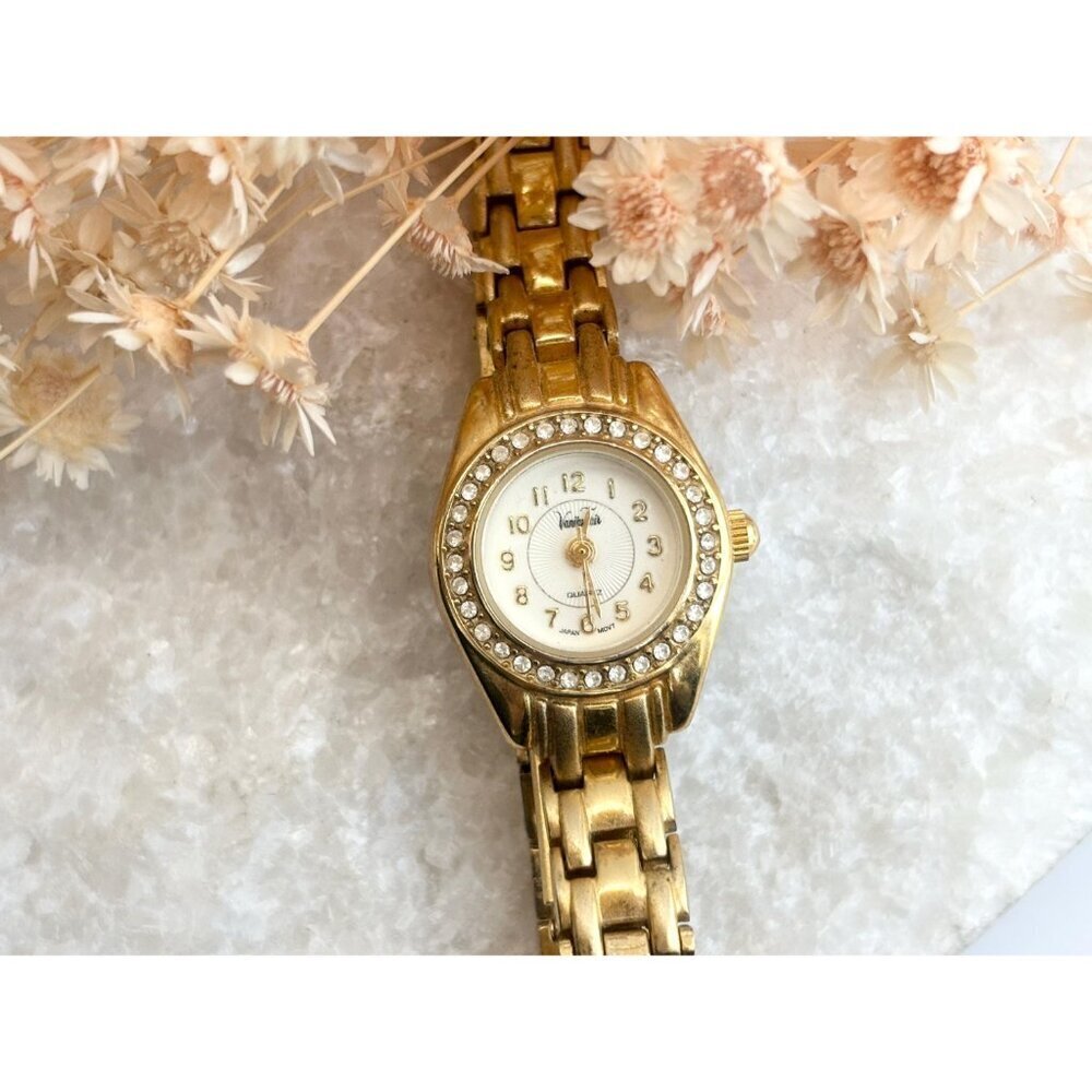 Vanity Fair Rhinestone Framed Gold T Stretch Vintage Wristwatch - 19mm - WORKS! - Picture 3 of 16